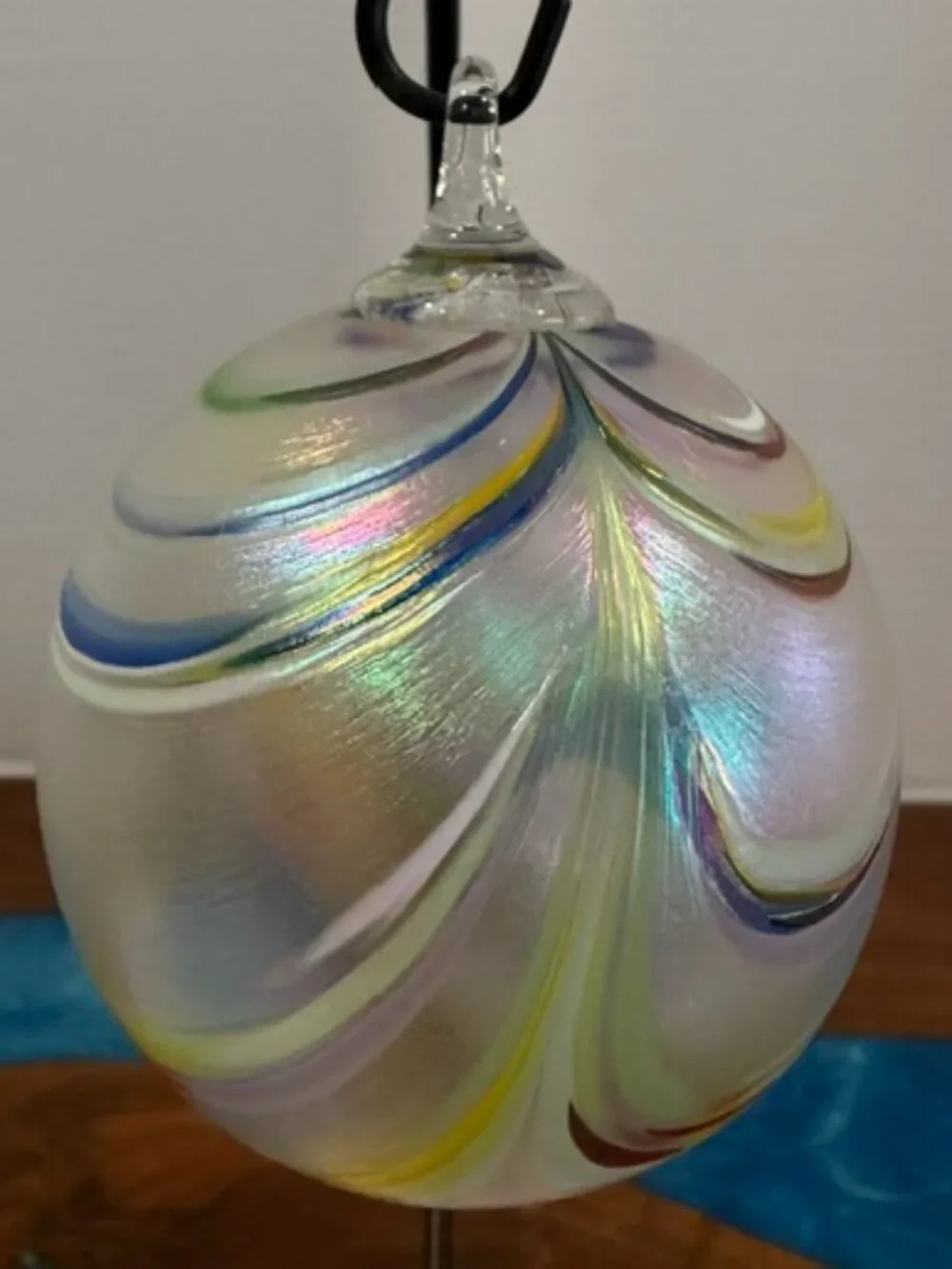 Artisan Hand Blown Multicolor Rainbow Splatter Pulled Swirl Glass Ball Ornament